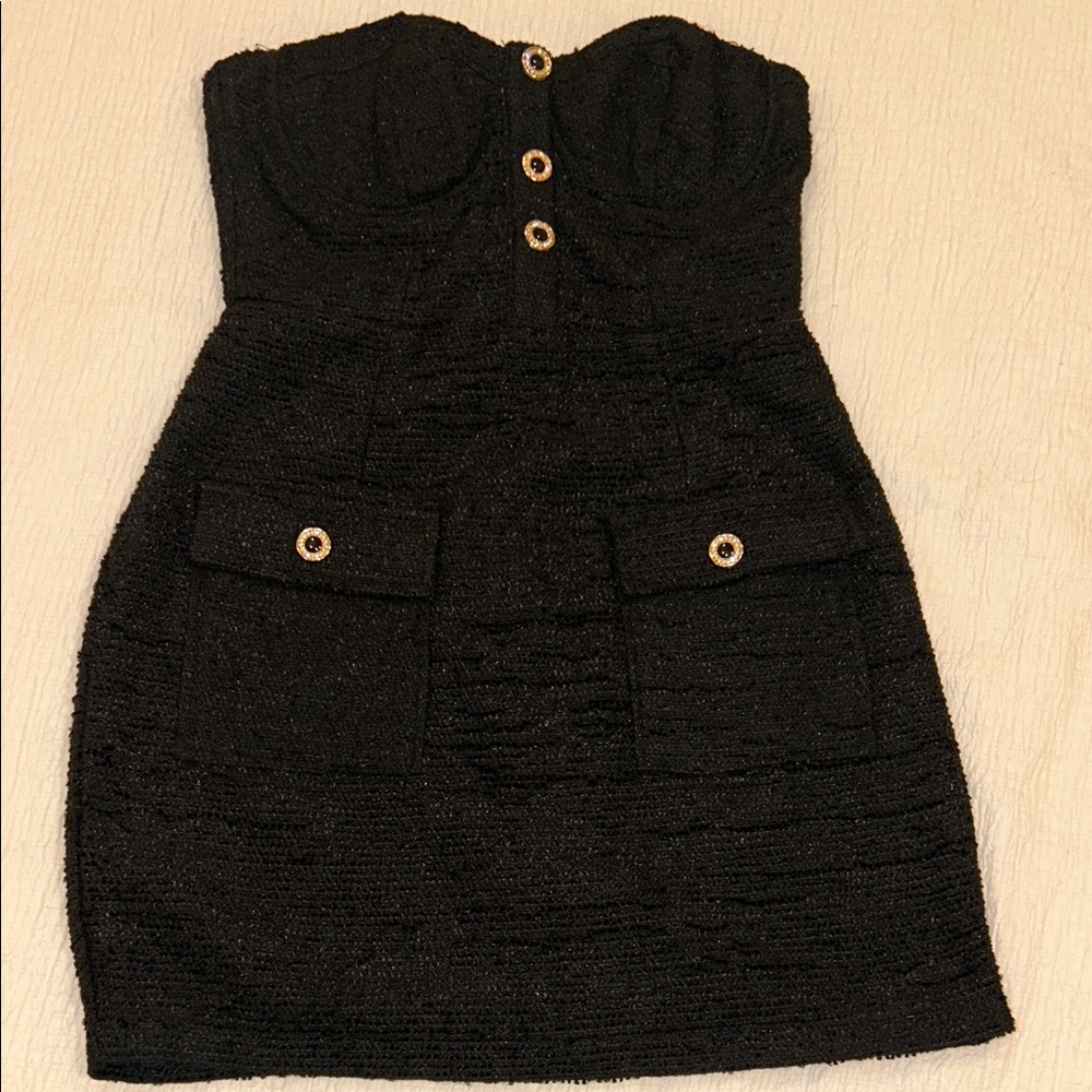 Aqua Black Strapless Dress with Button Detail